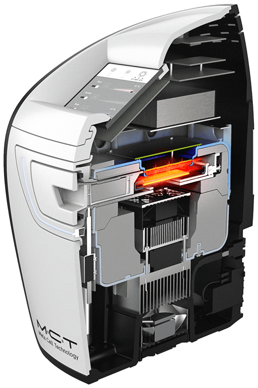 MCT System cutaway showing the photo-thermal stimulation chamber that activates platelets to release exosomes